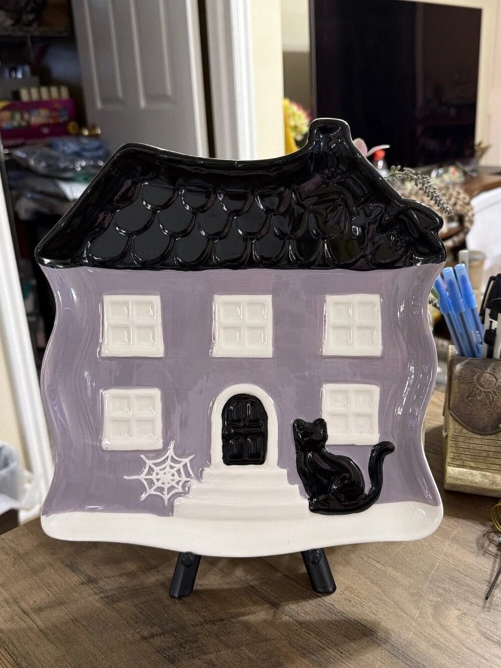 Black & Purple Ceramic Haunted House Serving Plate, Black Cat & White Spiderweb